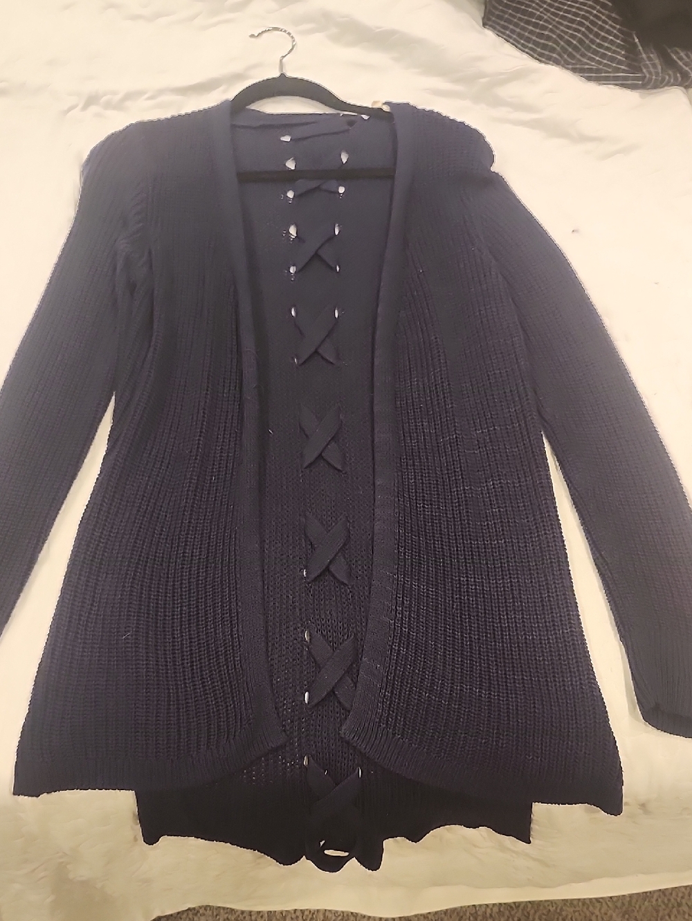 Women's Navy Open-Front Lace-Up Knit Cardigan